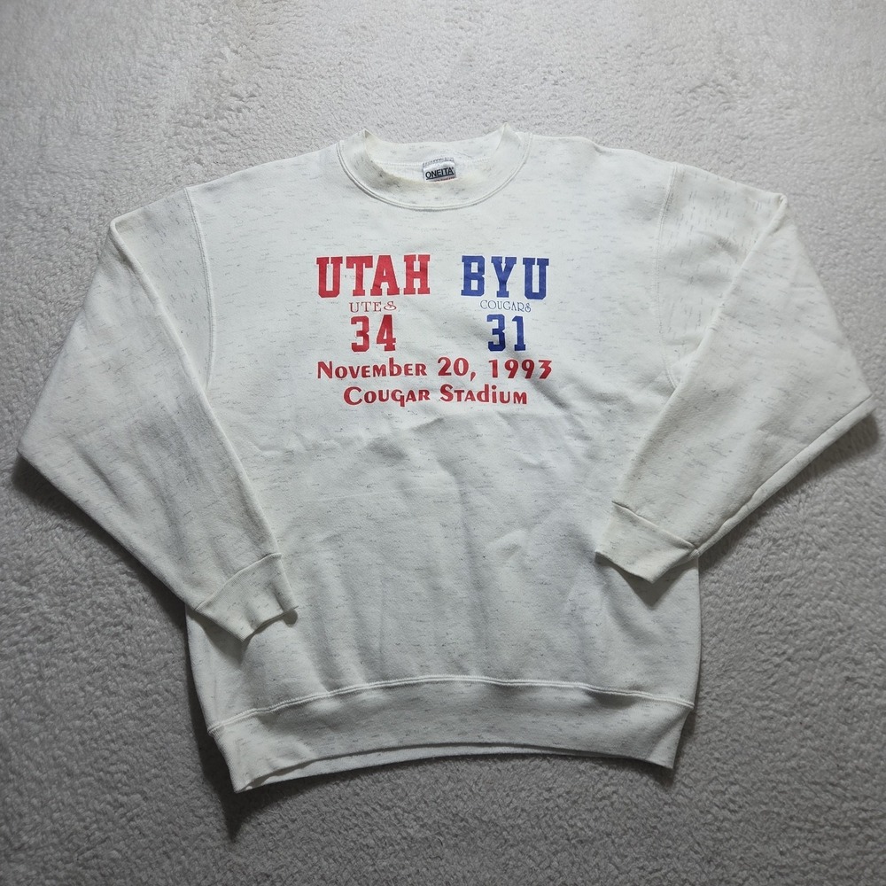 VTG 1993 Utah Vs BYU Sweater Pullover Size Large Cougar Stadium Oneita Tag